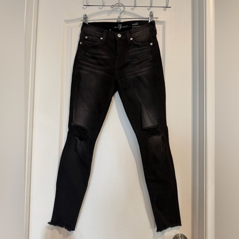 7 For All Mankind Black Ripped Ankle Jeans
